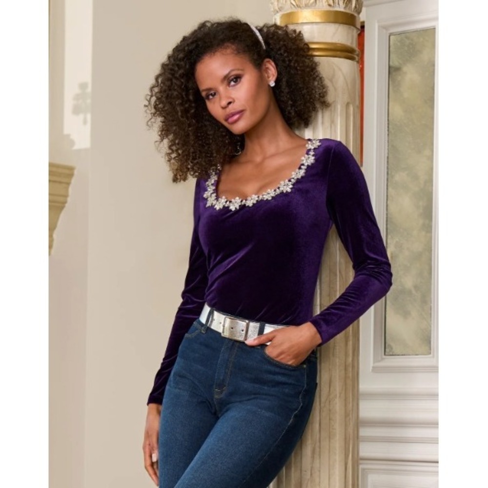 Boston Proper Top Large Purple Velvet Crystal Embellished Coquette Whimsygoth